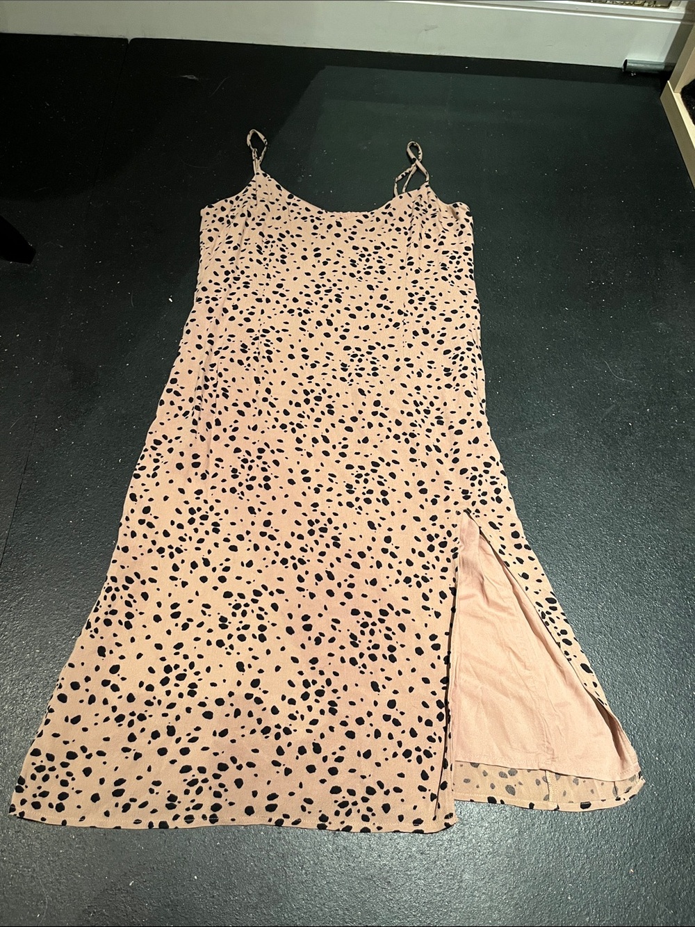 Midi Dress in Blush/Brown with Black Spot Print